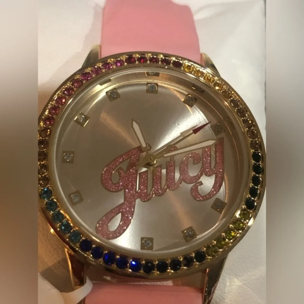 Juicy Couture black label pink silicon strap silver face rainbow dial‎ watch new